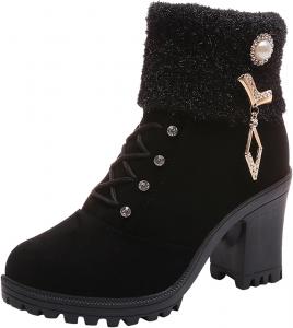 Женские зимние ботинки на шнуровке с мехом, для снега и холодной погоды, утепленные, с круглым носком, плюшевой подкладкой и массивным каблуком, термоботинки для снега Generic, Black