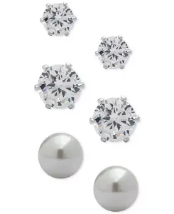 Комплект из 3 серег-гвоздиков с кристаллами и искусственным жемчугом Anne Klein, silver