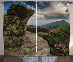 Шторы ABAKUHAUS Natural Rustic, дизайн Полевые цветы, мох и скалы, универсальные ленточные шторы для гостиной с петлями и крючками, 280 x 225 см, зеленый и темно-голубой Abakuhaus