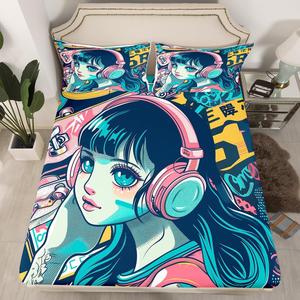 Erosebridal Комплект постельного белья Anime Fashion Street с 3D принтом в японском стиле, Blue Teal Pink
