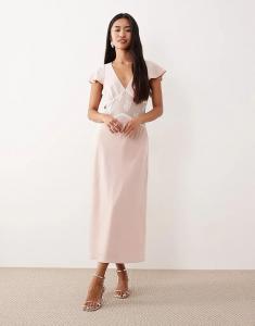 Платье миди из атласа Motel Lirenda с кружевной вставкой нежно-розового цвета