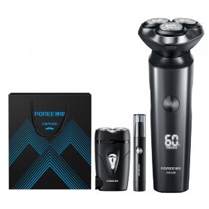 Набор роторных триммеров PS166+PS187+PS1252 с тремя лезвиями для всего тела, моющиеся, комплект с быстрой зарядкой за 1 час POREE, PS166 черный + PS187 черный + nose hair trimmer Father's Day limited edition gift bag
