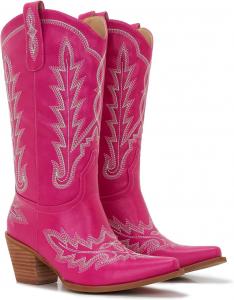 Ковбойские сапоги для женщин - западные сапоги средней длины до икра - заостренный носок - 3-дюймовый массивный деревянный каблук с вышивкой Orlynx, Hot Pink