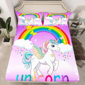 Erosebridal Детский комплект постельного белья с принтом единорогов, бабочек и радуги в фиолетовых тонах, Unicorn 02