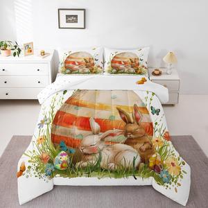 Erosebridal Комплект постельного белья Easter Egg с кроликами и цветами, красочные бабочки, White Orange