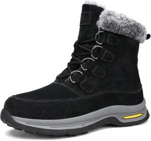 Мужские зимние снегоступы водонепроницаемые кожаные походные зимние ботинки для мужчин, комфортные, с теплой искусственной меховой подкладкой, противоскользящие, шнуровка, зимние ботинки Generic, черный