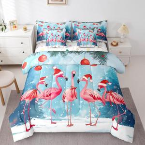Erosebridal Комплект постельного белья Cute Xmas Flamingo с рождественскими фламинго и снежинками, зимний лесной дизайн, Pink Blue