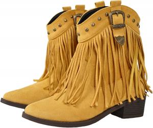 Женские западные ботильоны с массивным каблуком, замшевые с бахромой, на щиколотку, ковбойский ретро стиль, без застежки Generic, Yellow