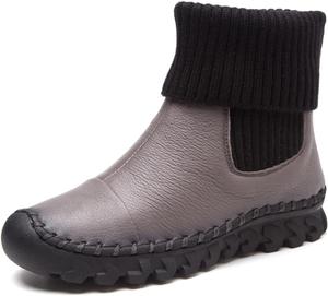 Женские кожаные ботинки Yuizko с эластичными носками для снега, модные ботильоны с лоскутным дизайном, повседневные зимние теплые ботинки на меху, высокие ботинки Челси на плоской подошве, Grey