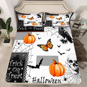 Erosebridal Комплект постельного белья Happy Halloween с оранжевыми тыквами и готическим паутинами в черно-белой гамме, Black White Orange