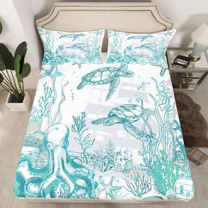 Erosebridal Морской комплект постельного белья с черепахами, кораллами, осьминогами, морскими коньками, звездами, рыбами, якорями и парусниками в прибрежном стиле, Teal Blue