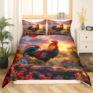 Erosebridal Комплект постельного белья Big Cock с принтом кур в деревенском стиле, цветочный декор и пейзажный рисунок, Red Salmon Orange