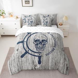 Erosebridal Комплект постельного белья Nautical Skull с морским пиратским принтом черепа реверсивный легкий для любого сезона, Grey