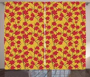 Шторы ABAKUHAUS Floral Rustic, японская вишня, универсальные ленточные шторы для гостиной с петлями и крючками, 280 x 225 см, земляно-желтый, рубиновый и темно-коричневый Abakuhaus