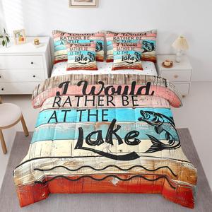 Erosebridal Комплект постельного белья Lake House в деревенском стиле с уютным одеялом и декоративными наволочками, Blue Red Beige