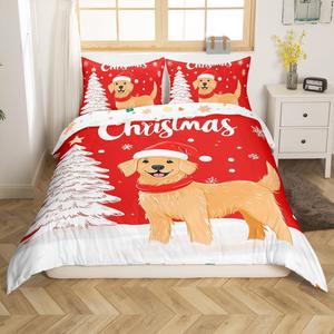 Erosebridal Комплект постельного белья с новогодним принтом золотистый ретривер и снежинки, Red Yellow White