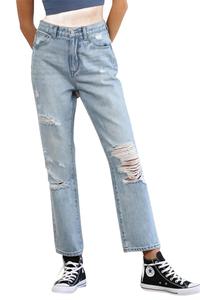 Высокие джинсы с прямыми штанинами в потертом светлом синем цвете By Together