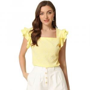 Летние топы в мелкую клетку для женской блузки с квадратным вырезом и оборками на рукавах ALLEGRA K, желтый