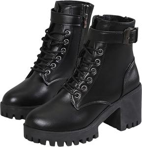 Generic Черные женские боевые ботинки на шнуровке, противоскользящие кожаные ботильоны на массивном каблуке, с пряжкой, платформой, готическим стилем. Модные короткие ботинки на осень и зиму с боковой молнией.
