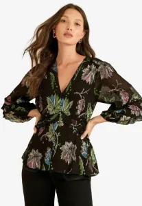 Блузка прямого кроя с объемным цветочным принтом, нежно-розового цвета, баской и v-образным вырезом. Love & Roses, Black Metallic Floral Print