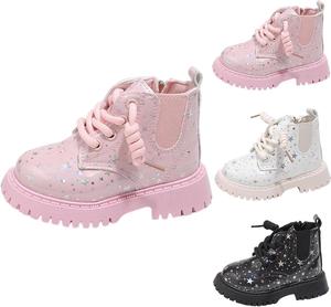 Детские ботинки для девочек с блестками, шнуровкой, для активного отдыха и походов, легкие, с боковой молнией, для детей от 1 до 6 лет Generic, White