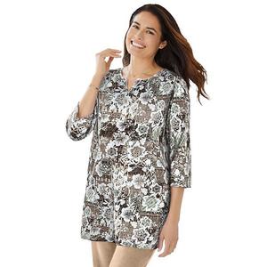 Туника с вырезом лодочкой и рукавом 3/4 для полных Woman Within, New Khaki Floral