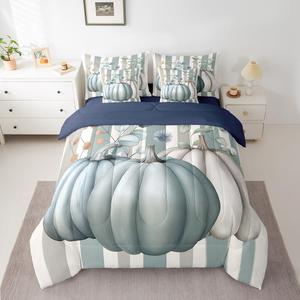 Erosebridal Комплект постельного белья Fall Thanksgiving Day с листьями эвкалипта и тыквами в стиле бохо синие белые полосы, Green Blue White