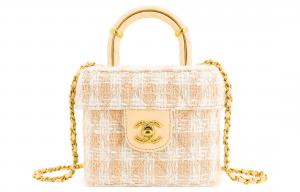 Кожа ягнёнка с твидом портативная одноплечевая косметичка через плечо Trumpets Женская оранжево-белая CHANEL