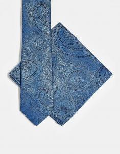 Галстук и нагрудный платок с принтом пейсли ASOS DESIGN синего цвета