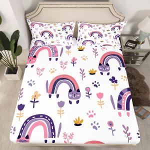 Erosebridal Комплект постельного белья Kawaii Room Decor с милыми котятами, облаками и радужным принтом в фиолетовых тонах, Multi 23