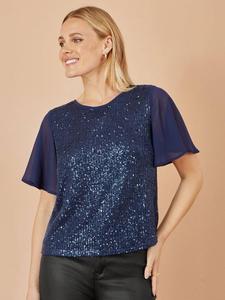 Блузка с коротким рукавом и круглым вырезом с пайетками Yumi, Navy