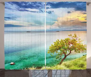 Штора ABAKUHAUS Морской пейзаж в деревенском стиле, Необитаемый остров, океан, спальня, присборенная тесьма, с петлями и крючками, 280 x 225 см, бирюзовый и аквамариновый цвета Abakuhaus