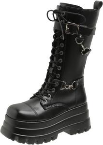 Женские ботильоны UOQAPRE с высокой платформой, средний каблук, грубый толстый каблук, круглый носок, боковая молния, зимние панк-ботинки для женщин, Black-Q