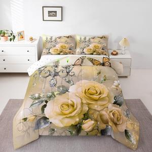 Erosebridal Комплект постельного белья Gold Rose с цветочным принтом и бабочками, романтичный дизайн, дышащий материал, Gold Silver