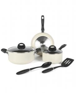 Набор посуды Clairorne из 7 предметов: алюминиевые кастрюли и сковороды премиум-класса с антипригарным покрытием, для индукционных плит и бакелитовые с ручками, которые не нагреваются - белый с крапчатым рисунком Oster, цвет linene