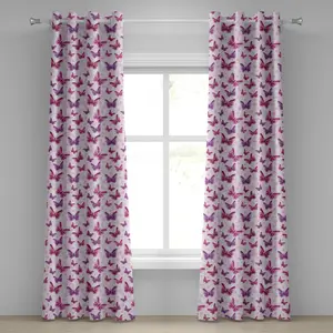 Фиолетовая штора на люверсах ABAKUHAUS, абстрактные бабочки на цветочном фоне - иллюстрация на тему женственности и романтики, декоративные двухпанельные шторы, 280 см x 260 см, бордово-фиолетовый, светло-розовый Abakuhaus