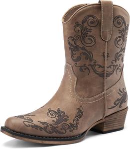 Женские ковбойские ботильоны DREAM PAIRS в западном стиле с низким широким каблуком и квадратным носком, осенние короткие ботинки, Brown