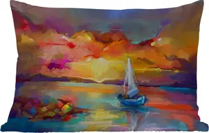 Подушка для улицы - Картина - Масляная краска - Лодка - Цвета - 50 x 30 см - Устойчива к атмосферным воздействиям - Подушка для отдыха - Подушка для дивана - Украшение для гостиной MuchoWow