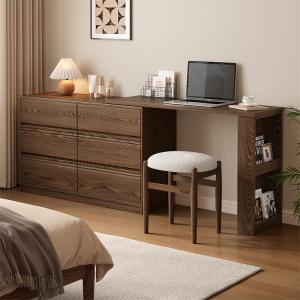 Quanu Комод для спальни и гостиной из массива дерева, 6 ящиков, выдвижной туалетный столик, табурет, цвет Walnut | Red Oak