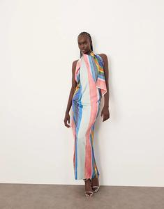 Платье макси из атласа ARRANGE с высоким воротом и драпировкой в живописную полоску