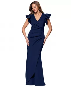 Женское платье с V-образным вырезом и рукавами-рюшами из ткани scuba XSCAPE, синий