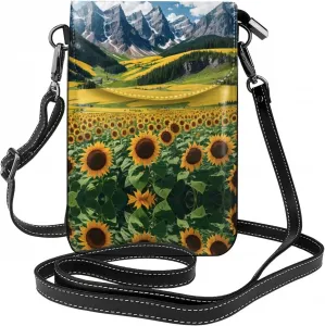 Маленькая сумочка для телефона с принтом «Подсолнухи над горами и полем», сумка через плечо с магнитной застежкой и отделениями для карт, из искусственной кожи Ultra Fiber.