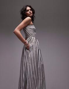 Платье-бандо Topshop с широким подолом в выбеленную полоску