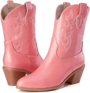 Женские ковбойские сапоги Alyaafifa Mid Claf Western с вышивкой, массивным блочным каблуком, заостренным закрытым носком и удобным верхом для езды, Pink