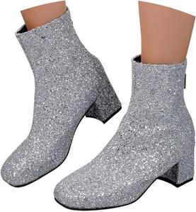 Женские ботильоны Британский стиль Мода Толстый каблук Застежка-молния Короткие ботинки с пайетками для женщин Зима Generic, Silver