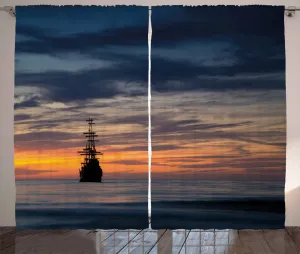 Штора ABAKUHAUS Пиратский корабль в деревенском стиле, Старый парусник, побережье, универсальная тесьма для гостиной с петлями и крючками, 280 x 175 см, цвет: темно-синий, лососевый, черный Abakuhaus