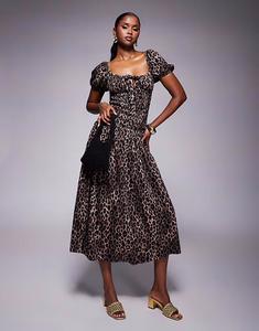 ASOS DESIGN жатое платье-футляр с присборенной талией, рукавами-фонариками, леопардовым принтом
