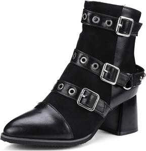 Женские ботильоны MIOKE с заостренным носком, ремешками и пряжкой, на каблуке-блоке, с молнией, мото-стиль, западные короткие челси, Black-Velvet Lined