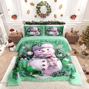 Erosebridal Комплект постельного белья Winter Snowman с зеленым блеском и снежинками в стиле кавай, Green