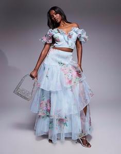 Юбка макси из шифона с присборенным верхом и синим цветочным принтом Asos Luxe